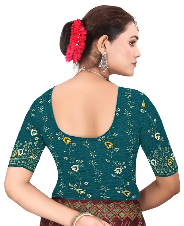 Teal_Cotton_Crinkle_Floral_Embroidered_Elbow_Sleeve_Blouse_For_Women