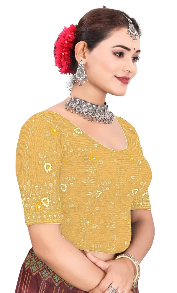 Yellow_Cotton_Crinkle_Floral_Embroidered_Elbow_Sleeve_Saree_Blouse_For_Women