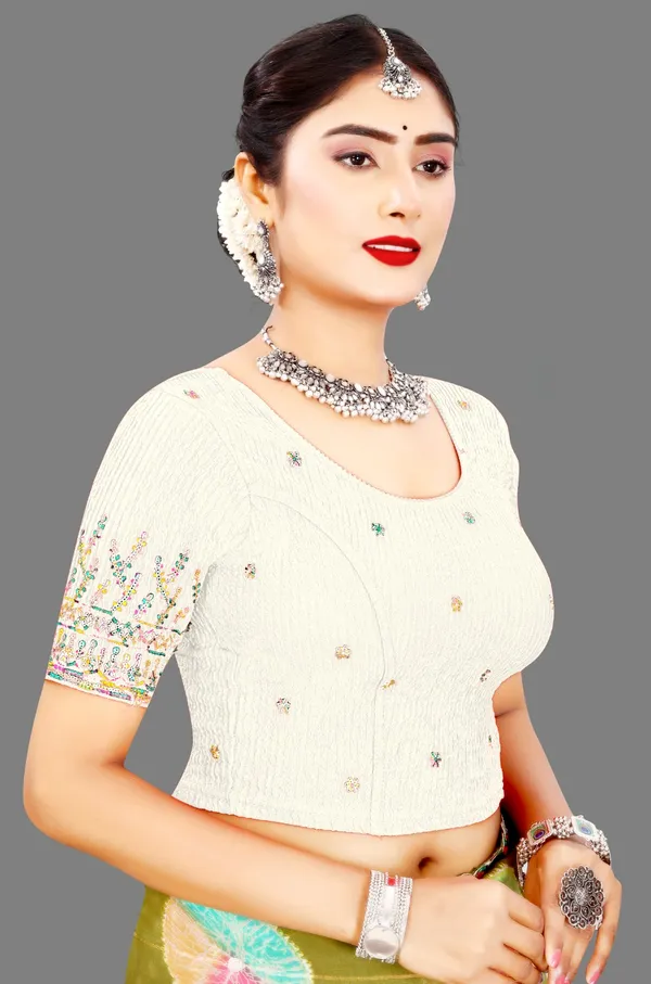 White_Crinkle_Embroidered_Round_Neck_Elbow_Sleeve_Saree_Blouse_For_Women