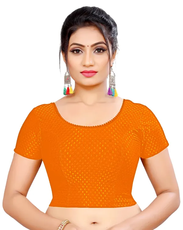 Orange_Textured_Knit_Checkered_Short_Sleeve_Saree_Blouse_For_Women