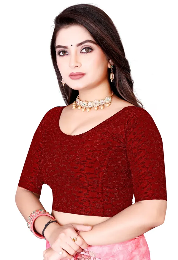 Maroon_Cotton_Textured_Round_Neck_Elbow_Sleeve_Saree_Blouse_For_Women