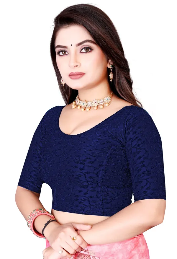 Navy_Blue_Lace_Elbow_Sleeve_Fitted_Saree_Blouse_For_Women