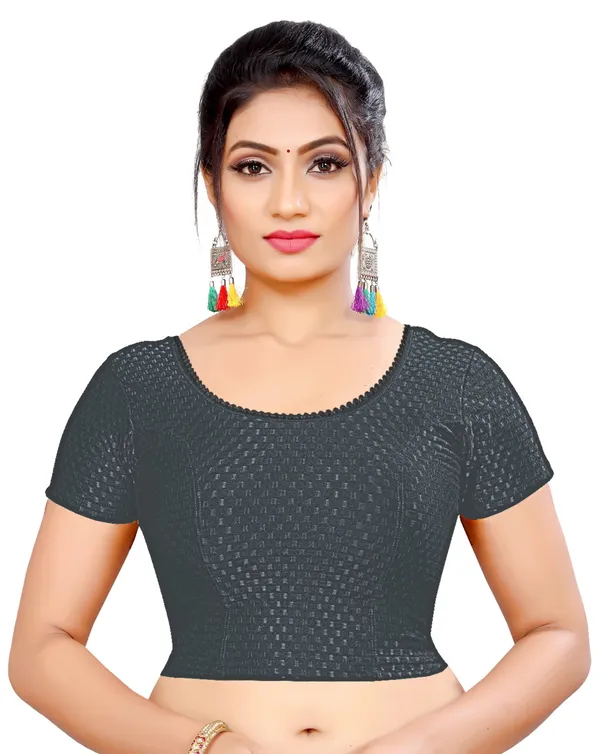 Black_Cotton_Textured_Round_Neck_Short_Sleeve_Blouse_For_Women