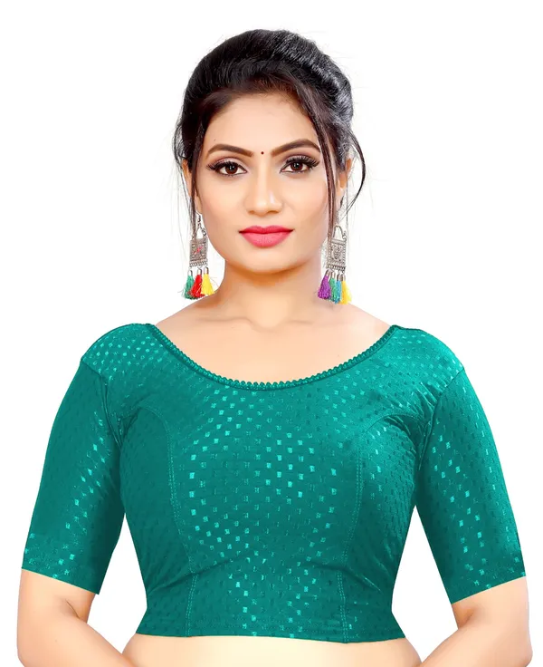Teal_Cotton_Printed_Round_Neck_Half_Sleeve_Blouse_For_Women