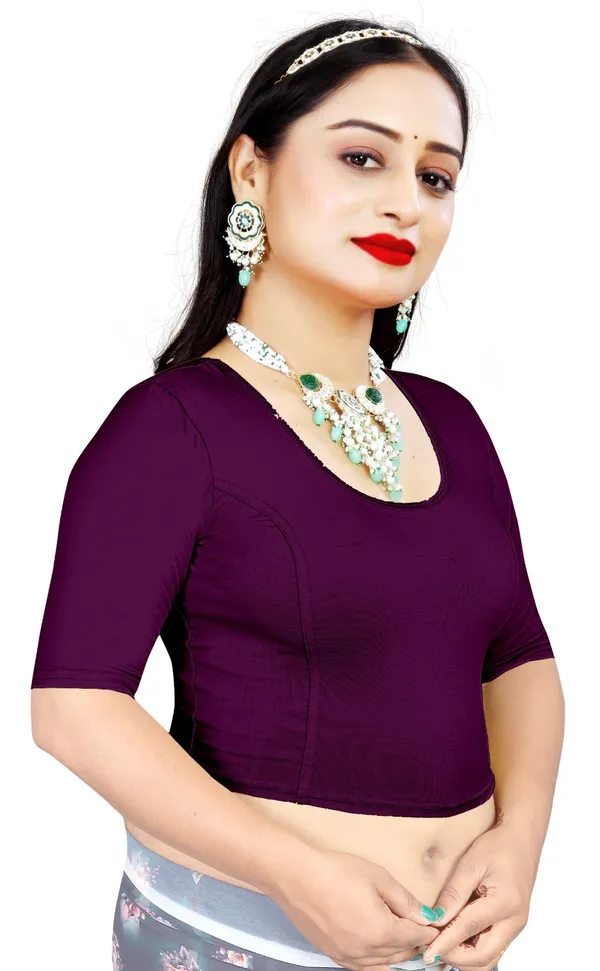 Purple_Cotton_Stretch_Round_Neck_Half_Sleeve_Saree_Blouse_For_Women