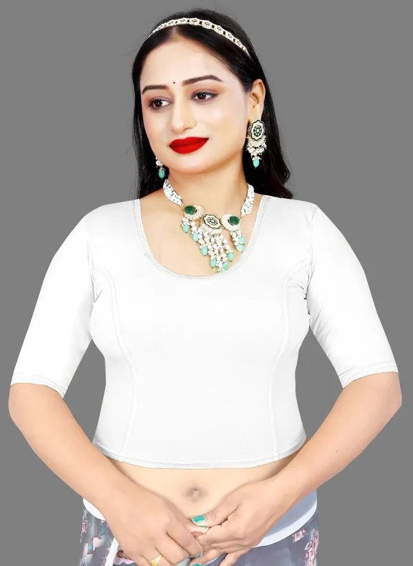 White_Stretch_Knit_Round_Neck_Half_Sleeve_Fitted_Saree_Blouse_For_Women