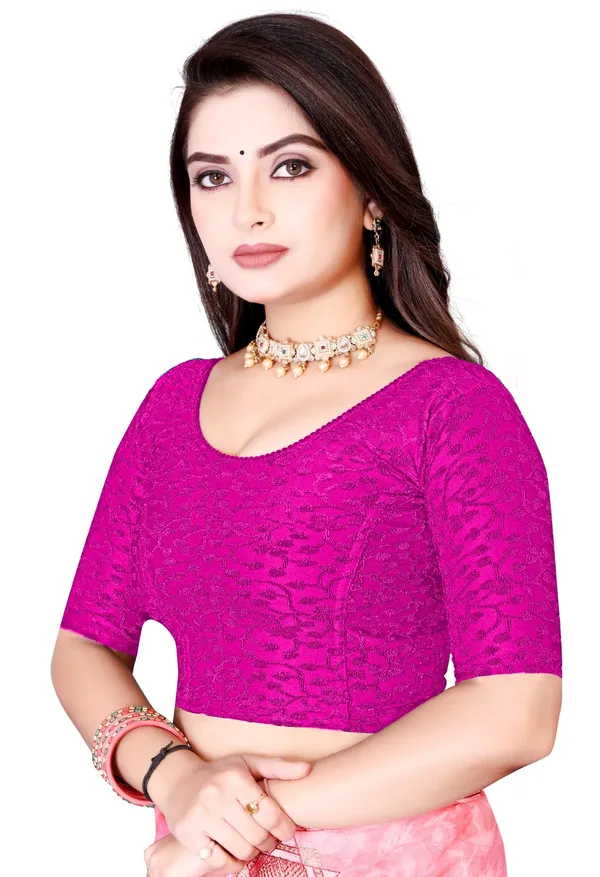 Magenta_Textured_Stretch_Round_Neck_Elbow_Sleeve_Saree_Blouse_For_Women