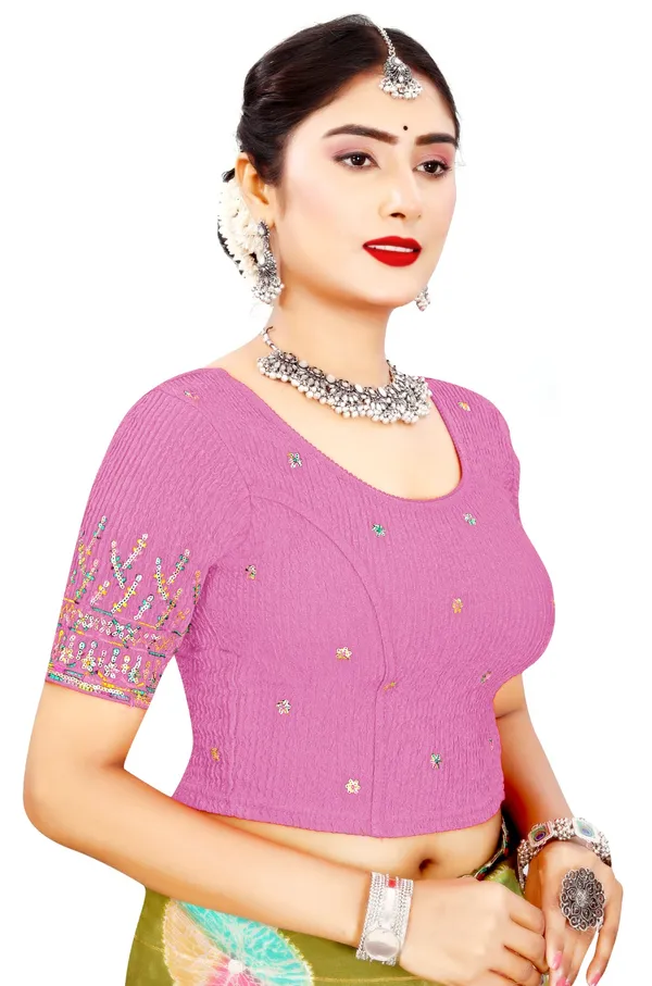 Pink_Cotton_Crinkle_Sequin_Embroidered_Round_Neck_Blouse_For_Women