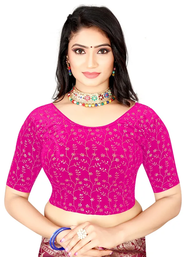 Pink_velvet_Printed_Elbow_Sleeve_Saree_Blouse_For_Women