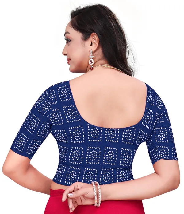 Blue_Cotton_Bandhani_Print_Half_Sleeve_Saree_Blouse_For_Women