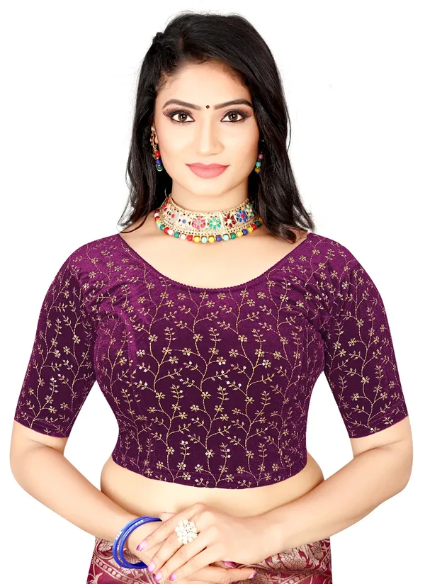 Purple_Cotton_Floral_Embroidered_Elbow_Sleeve_Saree_Blouse_For_Women