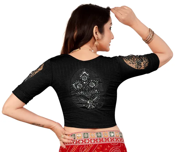 Black_Cotton_Textured_Elbow_Sleeve_Saree_Blouse_For_Women
