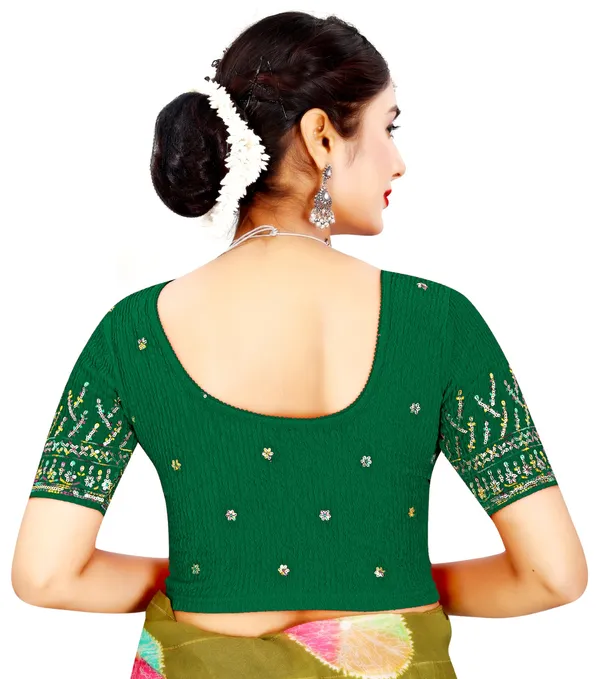 Green_Cotton_Sequin_Floral_Embroidered_Round_Neck_Saree_Blouse_For_Women