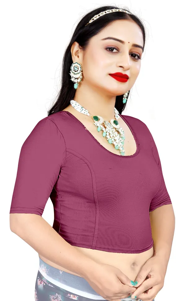 Mauve_Cotton_Stretchable_Round_Neck_Elbow_Sleeve_Saree_Blouse_For_Women
