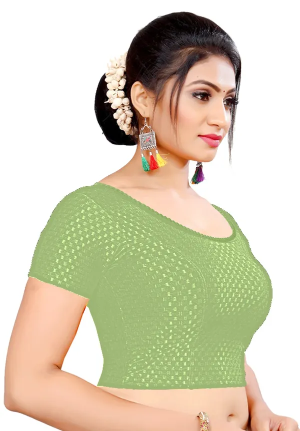 Green_Textured_Knit_Short_Sleeve_Saree_Blouse_For_Women