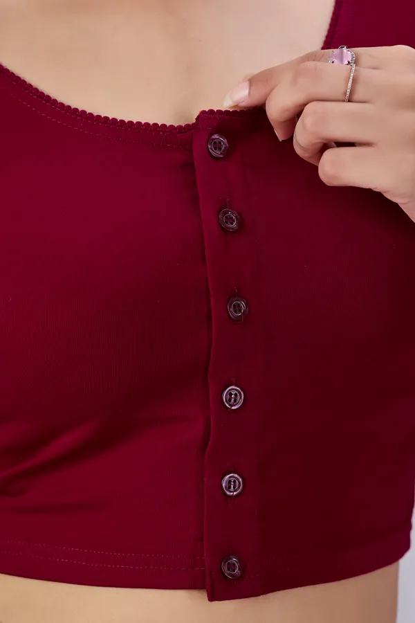 Maroon_Cotton_Front_Button_Round_Neck_Saree_Blouse_For_Women