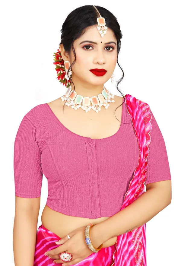 Pink_Cotton_Textured_Round_Neck_Elbow_Sleeve_Saree_Blouse_For_Women