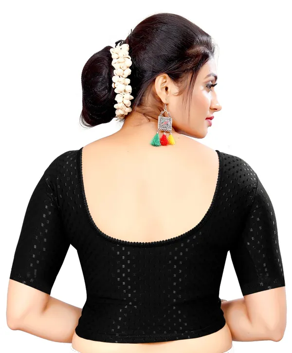 Black_Cotton_Printed_Scallop_Back_Round_Neck_Saree_Blouse_For_Women