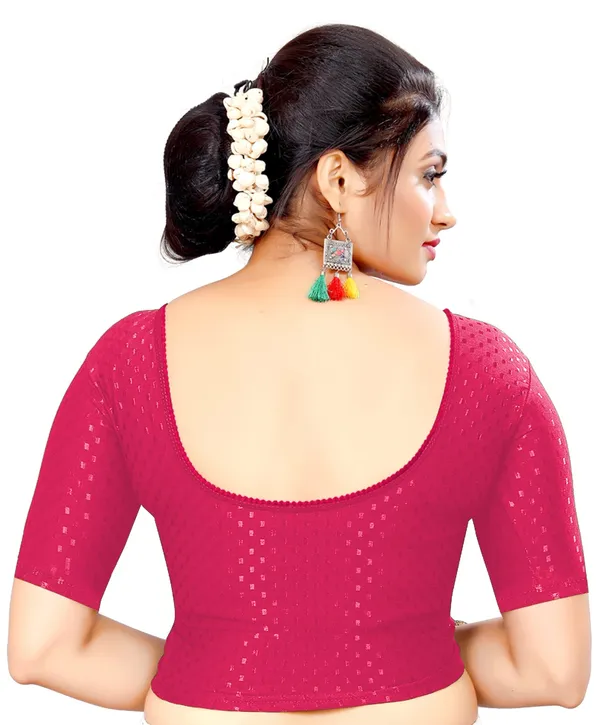 Pink_Cotton_Textured_Round_Neck_Half_Sleeve_Saree_Blouse_For_Women