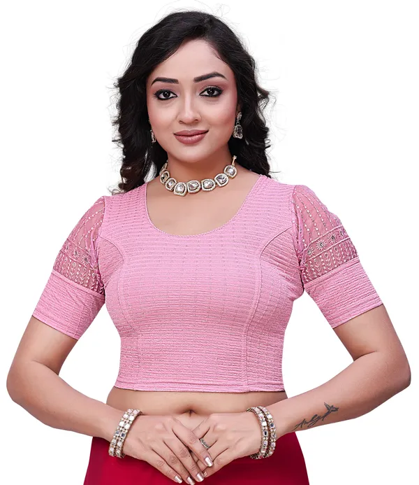 Pink_Cotton_Textured_Embroidered_Round_Neck_Saree_Blouse_For_Women