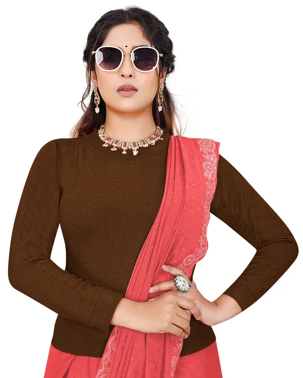 Brown_Women's_Cotton_Blend_Stretchable_Full_Sleeve_Blouse_–_Round_Neck
