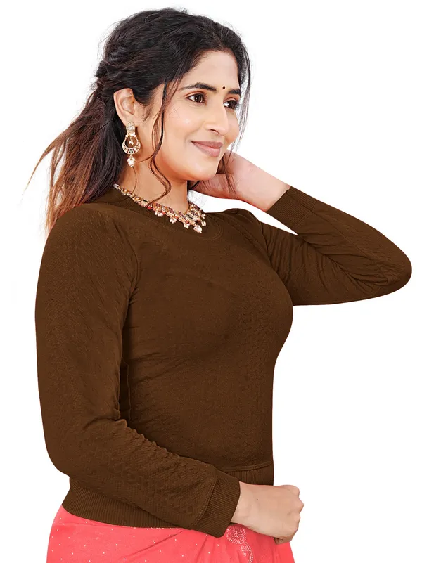 Brown_Women's_Cotton_Blend_Stretchable_Full_Sleeve_Blouse_–_Round_Neck