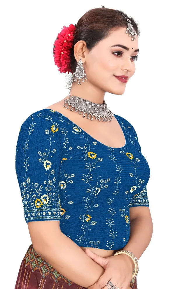 Blue_Cotton_Floral_Embroidered_Round_Neck_Saree_Blouse_For_Women