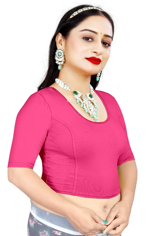 Pink_Cotton_Stretchable_Round_Neck_Half_Sleeve_Saree_Blouse_For_Women