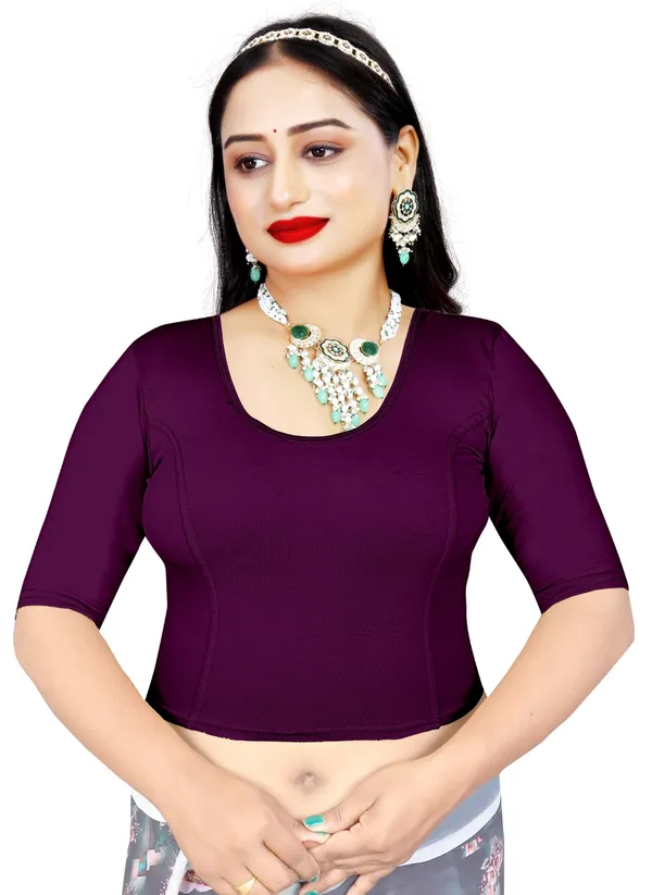 Purple_Cotton_Stretch_Round_Neck_Half_Sleeve_Saree_Blouse_For_Women