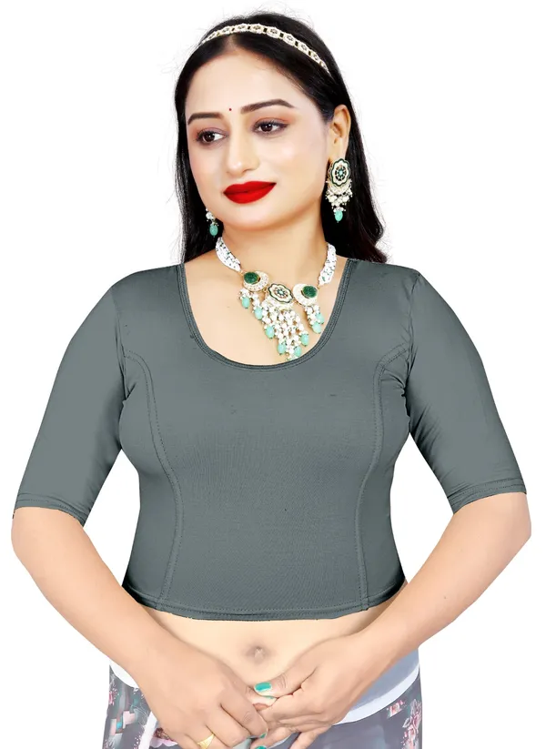 Grey_Cotton_Stretchable_Round_Neck_Half_Sleeve_Saree_Blouse_For_Women