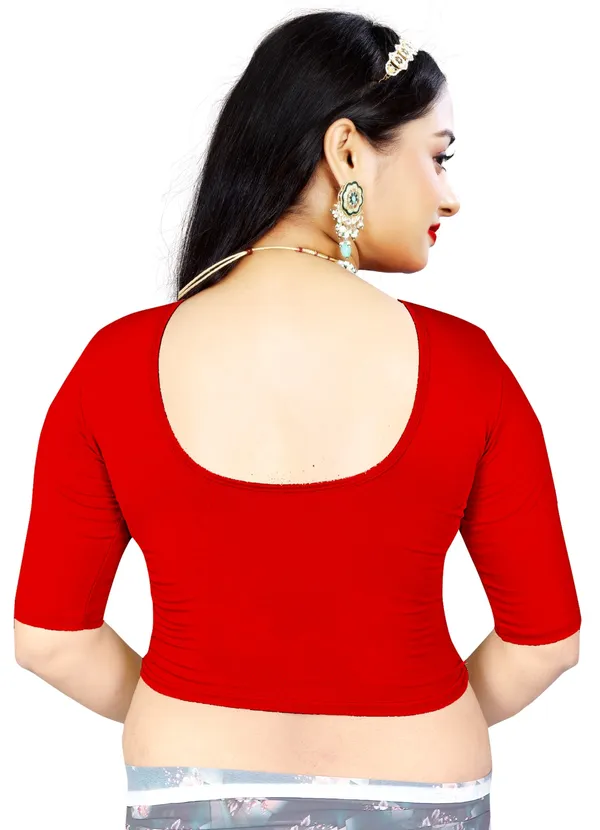 Red_Stretchable_Round_Neck_Elbow_Sleeve_Saree_Blouse_For_Women