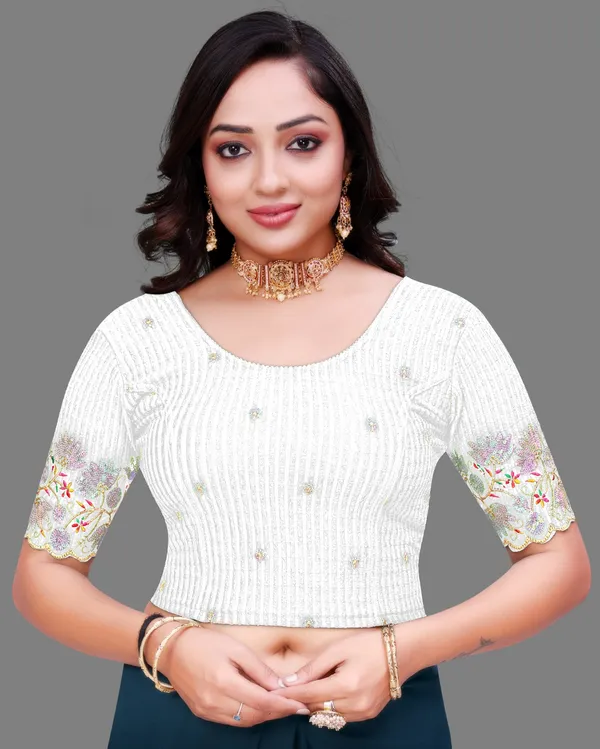 White_Cotton_Embroidered_Sequin_Half_Sleeve_Blouse_For_Women