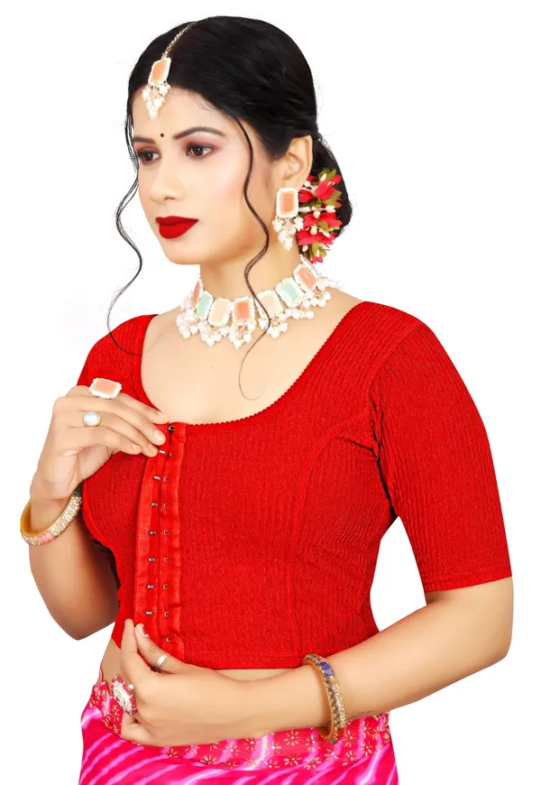 Red_Textured_Knit_Deep_Back_Elbow_Sleeve_Saree_Blouse_For_Women