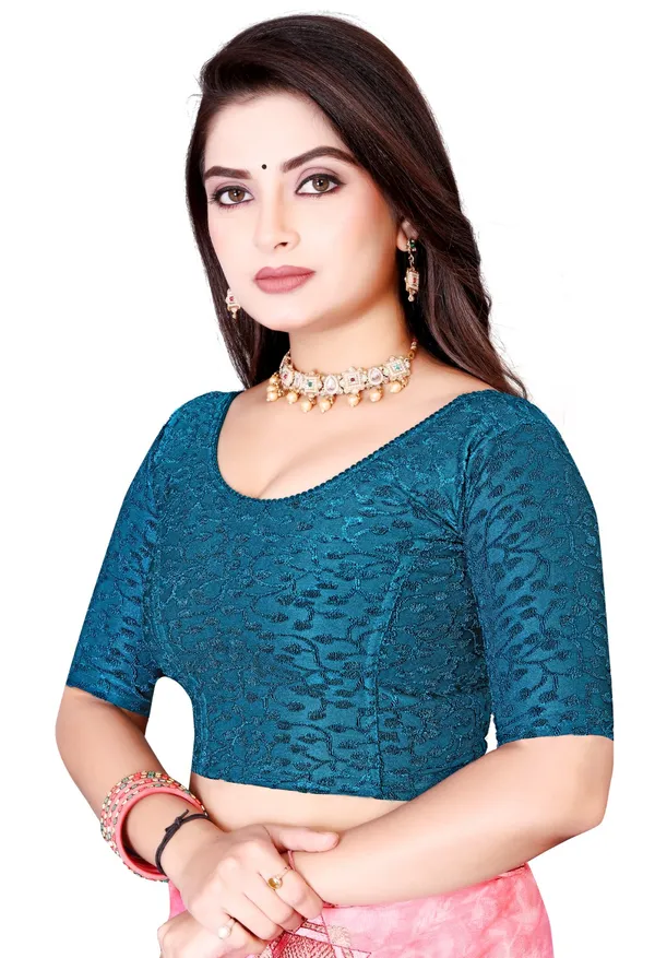 Teal_Jacquard_Stretch_Round_Neck_Elbow_Sleeve_Saree_Blouse_For_Women