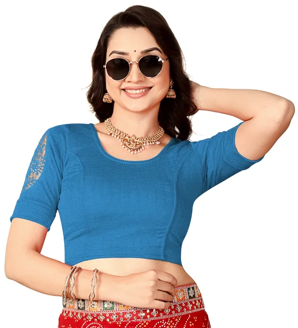 Blue_Cotton_Embroidered_Sequin_Round_Neck_Blouse_For_Women