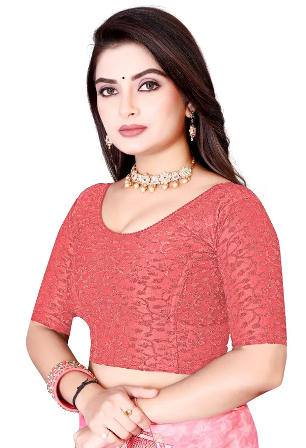 Coral_Net_Floral_Lace_Round_Neck_Half_Sleeve_Saree_Blouse_For_Women