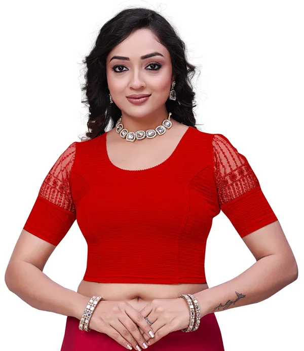 Red_Cotton_Textured_Net_Sleeve_Round_Neck_Saree_Blouse_For_Women