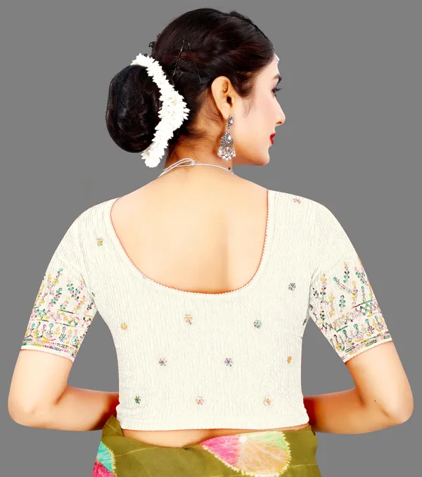 White_Crinkle_Embroidered_Round_Neck_Elbow_Sleeve_Saree_Blouse_For_Women