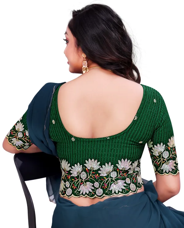 Green_Cotton_Embroidered_Sequin_Round_Neck_Elbow_Sleeve_Blouse_For_Women