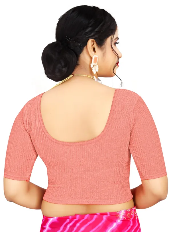 Peach_Cotton_Textured_Round_Neck_Half_Sleeve_Saree_Blouse_For_Women