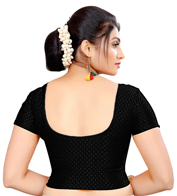 Black_Cotton_Textured_Round_Neck_Short_Sleeve_Saree_Blouse_For_Women