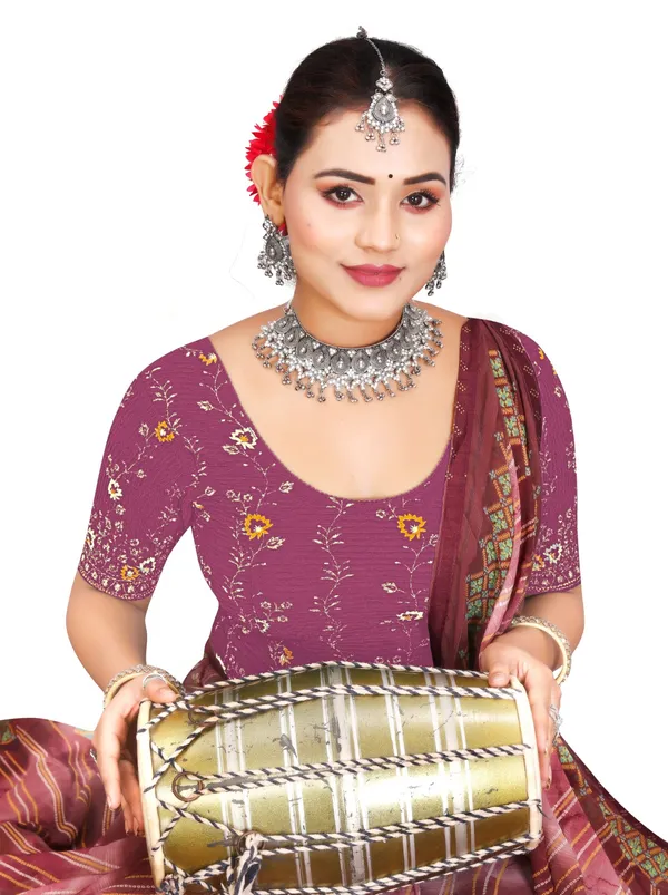 Purple_Cotton_Crinkle_Floral_Printed_Round_Neck_Saree_Blouse_For_Women