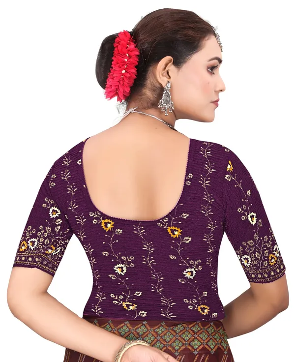 Purple_lycra_Floral_Embroidered_Round_Neck_Elbow_Sleeve_Blouse_For_Women