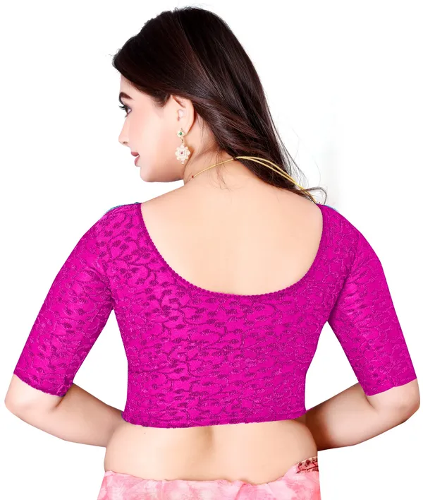 Magenta_Textured_Stretch_Round_Neck_Elbow_Sleeve_Saree_Blouse_For_Women