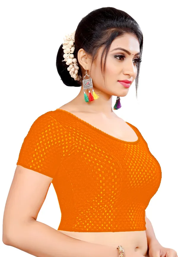Orange_Textured_Knit_Checkered_Short_Sleeve_Saree_Blouse_For_Women