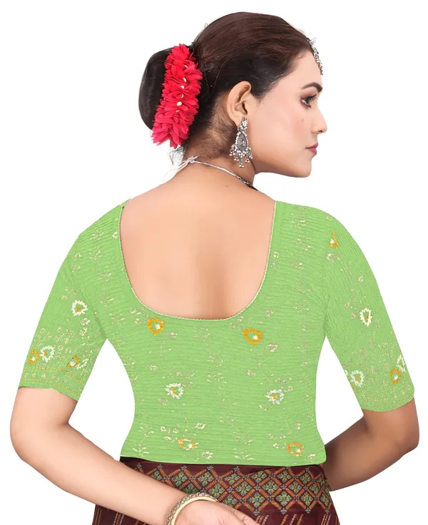 Green_Crepe_Bandhani_Print_Elbow_Sleeve_Saree_Blouse_For_Women