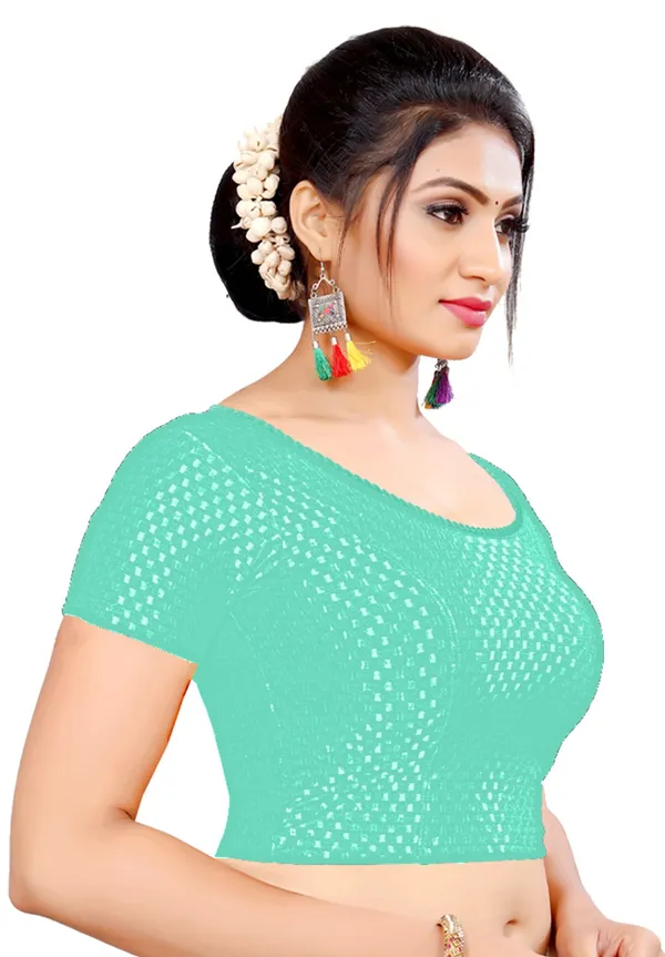 Sea_Green_Textured_Stretch_Round_Neck_Short_Sleeve_Saree_Blouse_For_Women
