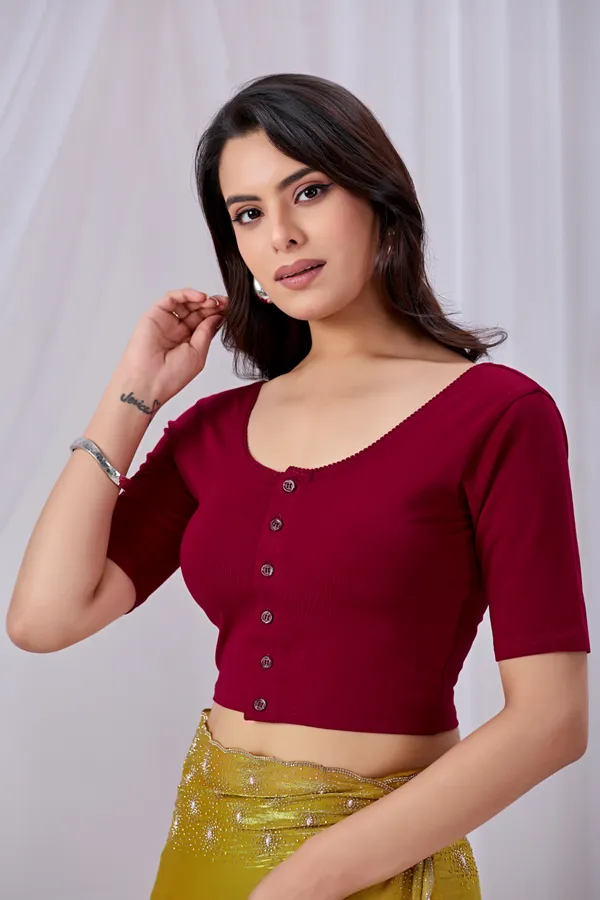 Maroon_Cotton_Front_Button_Round_Neck_Saree_Blouse_For_Women