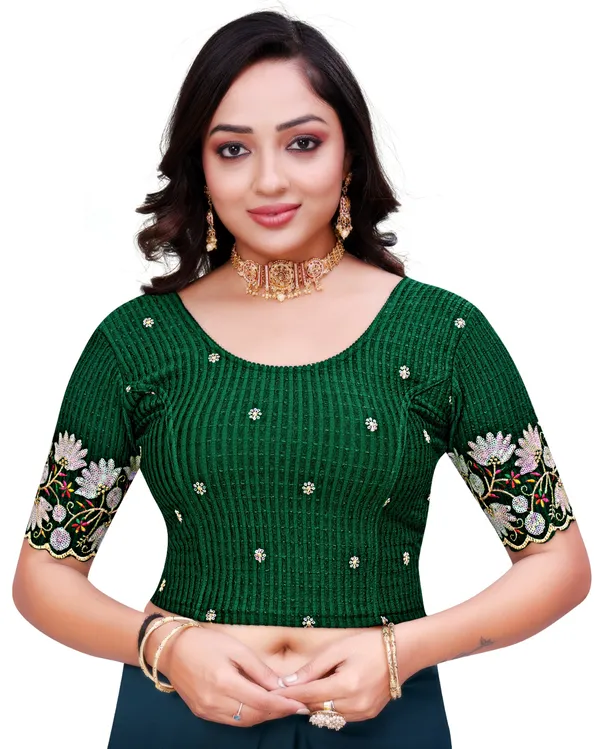 Green_Cotton_Embroidered_Sequin_Round_Neck_Elbow_Sleeve_Blouse_For_Women