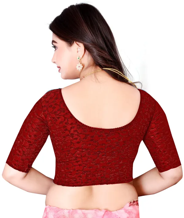 Maroon_Cotton_Textured_Round_Neck_Elbow_Sleeve_Saree_Blouse_For_Women